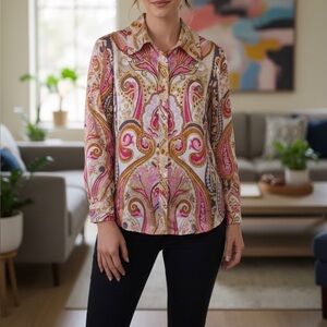 INC International Concepts Multicolor Paisley Silk Top Button Down Whimsicore